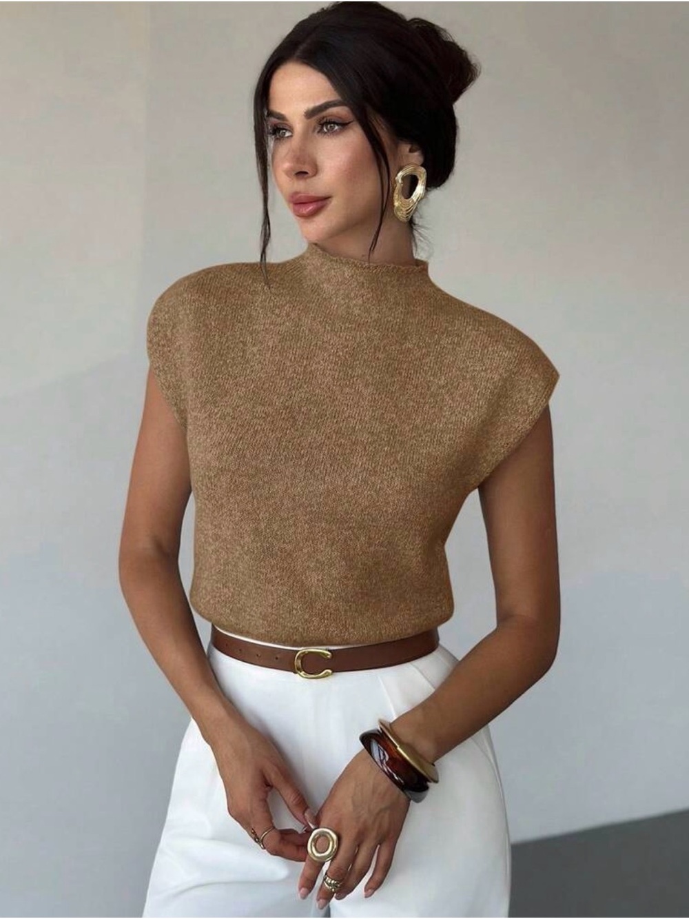 SHEIN Brown Sleeveless Mock Neck Knit Top